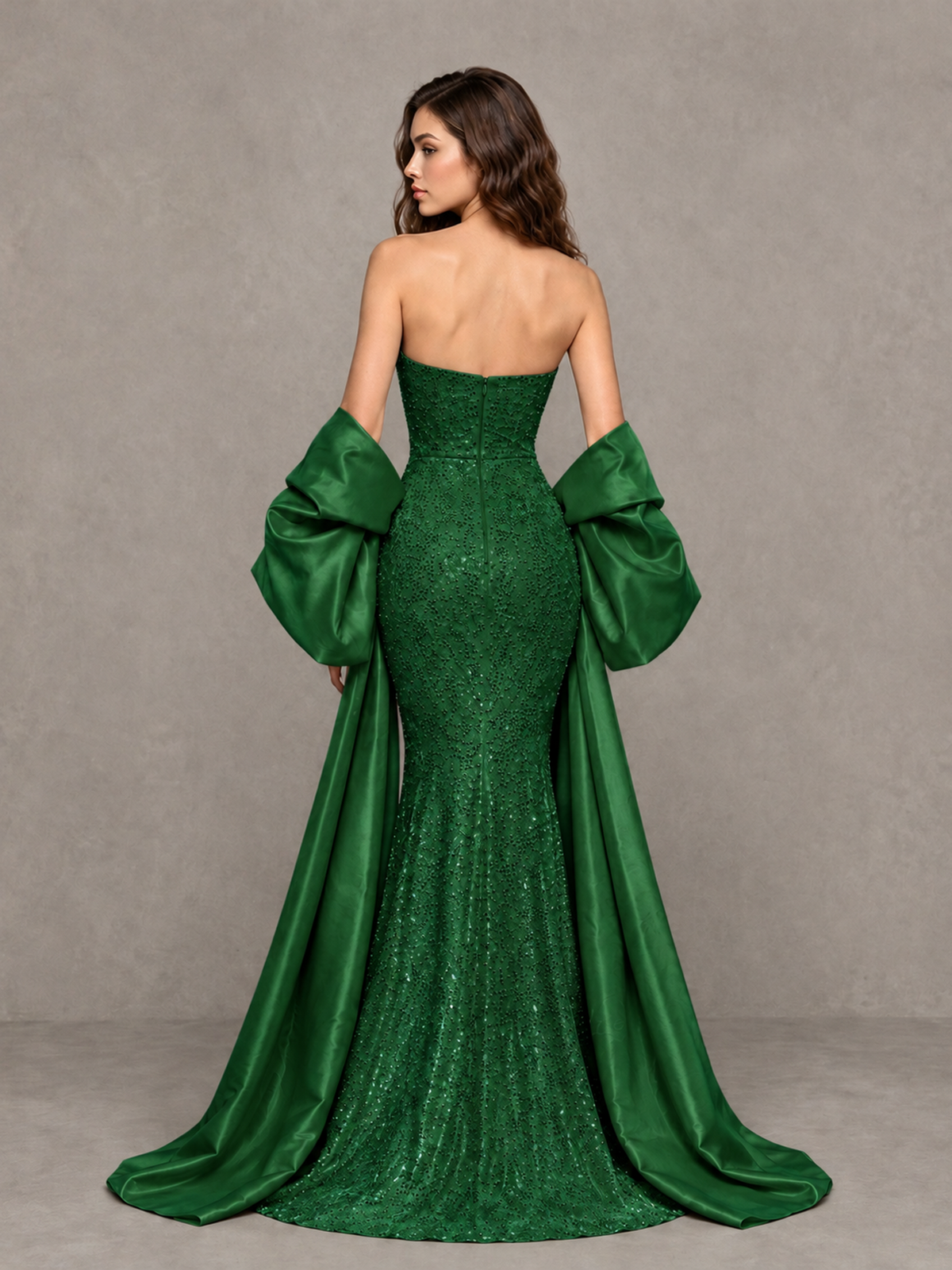 BOLODOO Green Strapless Sparkle Mermaid Prom Dress with Front Slit and Draped Sleeves - Green - Green_2