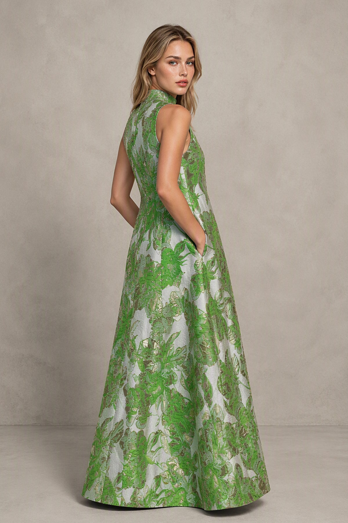 BOLODOO Green Jacquard High Neck Sleeveless A-Line Maxi Dress – Wedding Guest & Formal Evening Gown - Green
