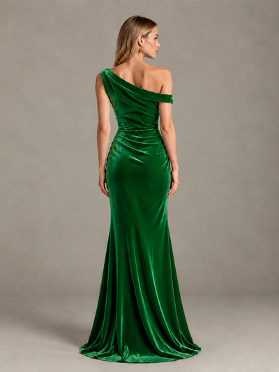 BOLODOO Green One-Shoulder Velvet Mermaid Evening Gown - Green - Green_2