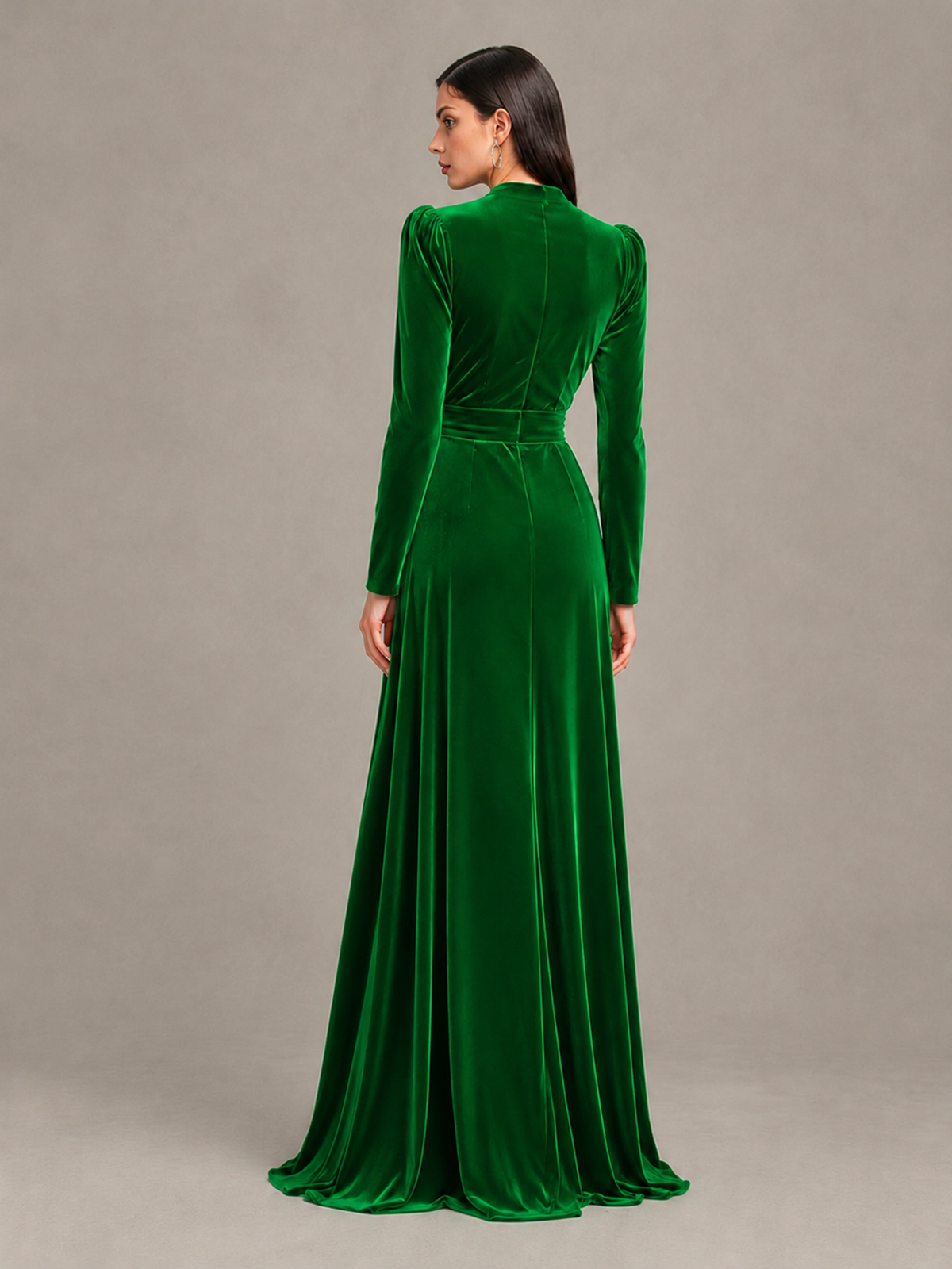 BOLODOO Green Long Sleeve Velvet-Look Evening Dress with High Slit - Green - Green_2
