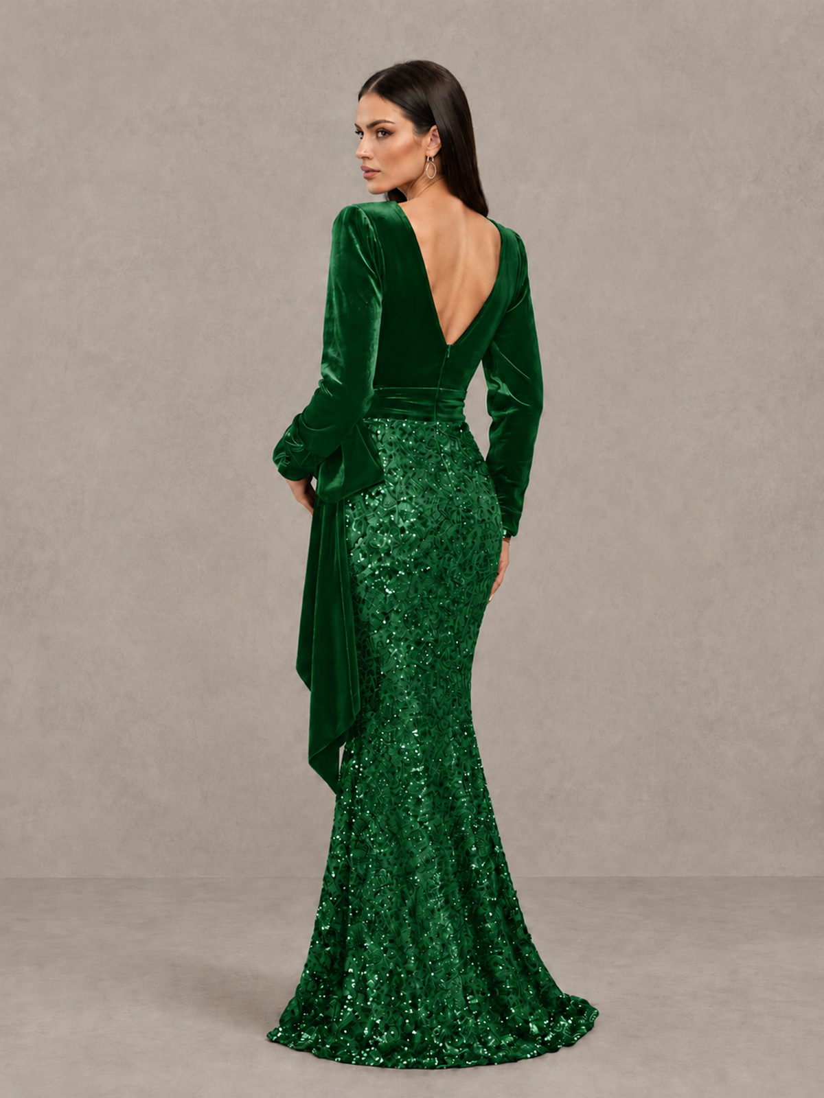 BOLODOO Green Velvet & Sequin Long Sleeve V-Neck Mermaid Evening Gown - Green - Green_2
