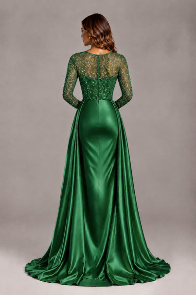 BOLODOO Green Long Sleeve Embellished Satin Evening Gown with Sweep Train - Green - Green_2