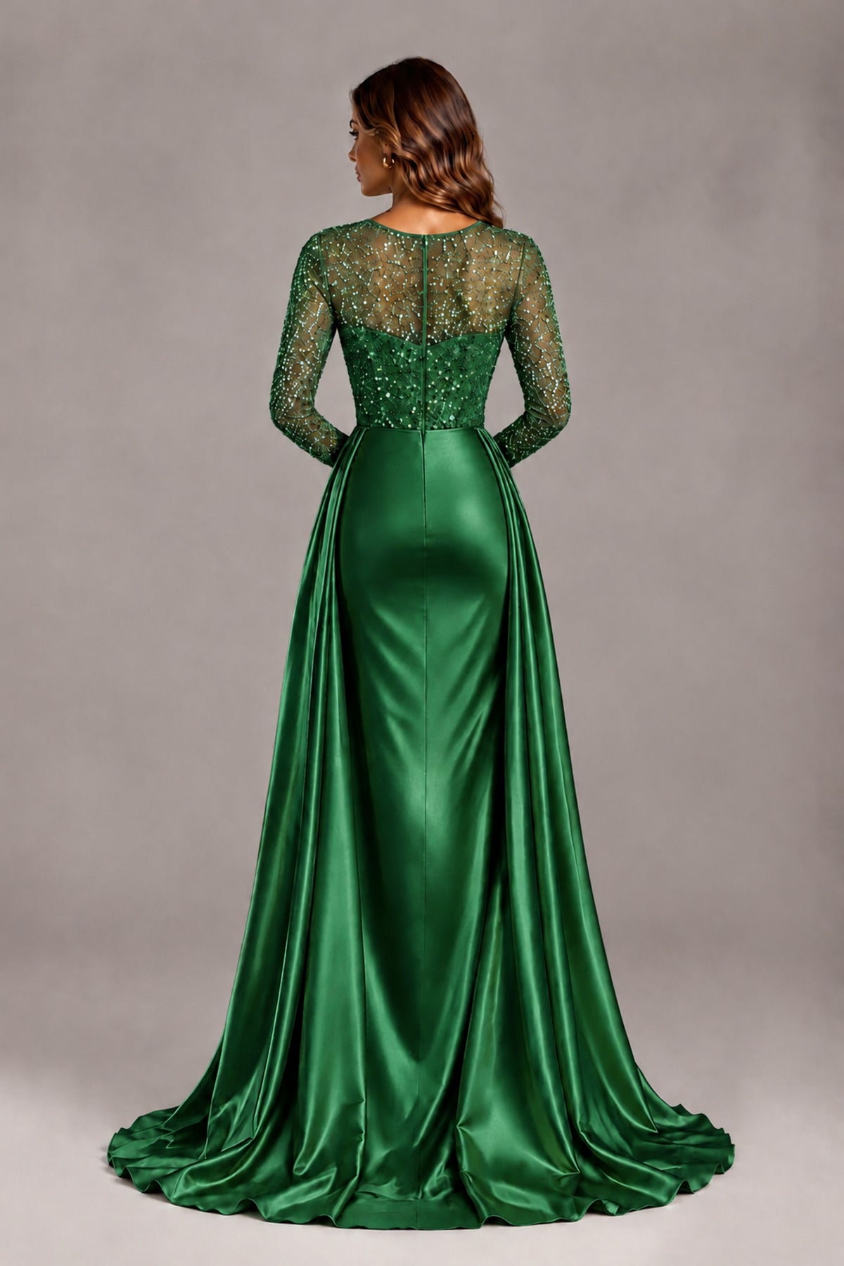 BOLODOO Green Long Sleeve Embellished Satin Evening Gown with Sweep Train - Green - Green_2
