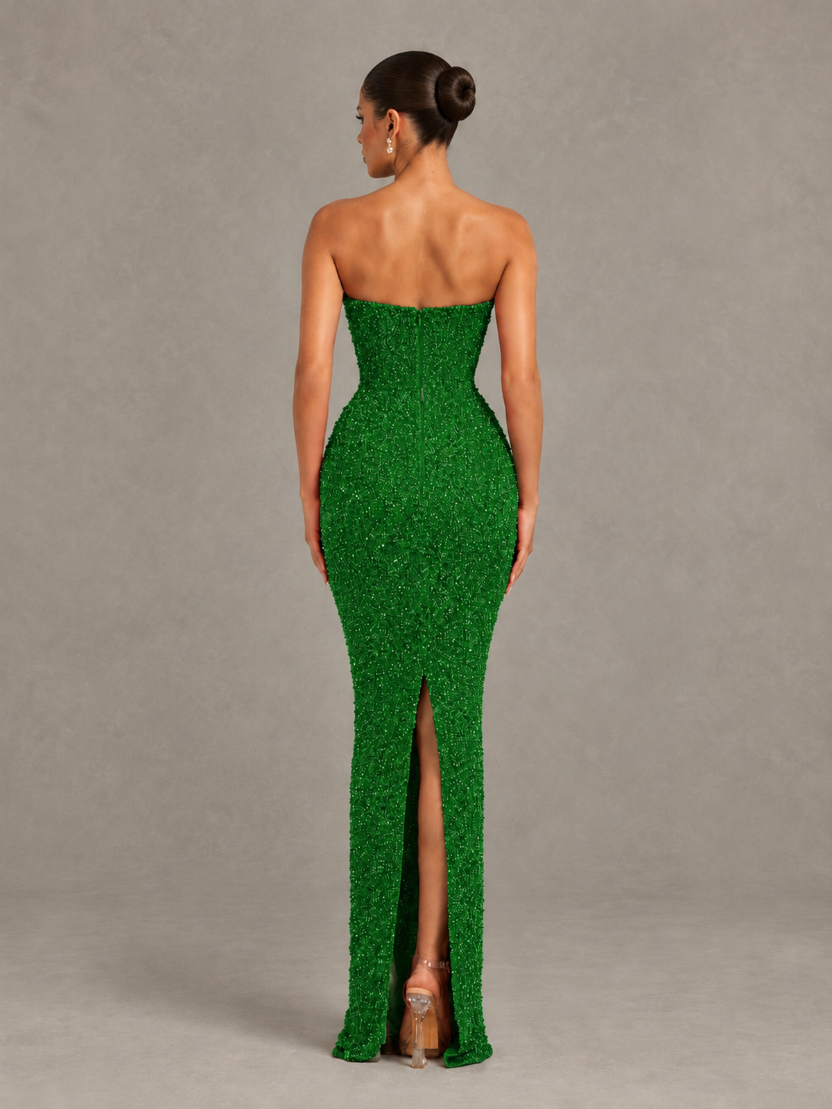 BOLODOO Green Strapless Sequin Evening Gown with Floral Neckline - Green - Green_2