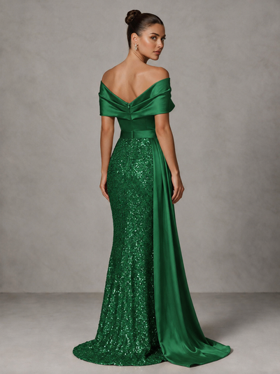 BOLODOO Green Sequin Mermaid Evening Dress with Off-Shoulder Satin Drape and Sweep Train - Green - Green_2