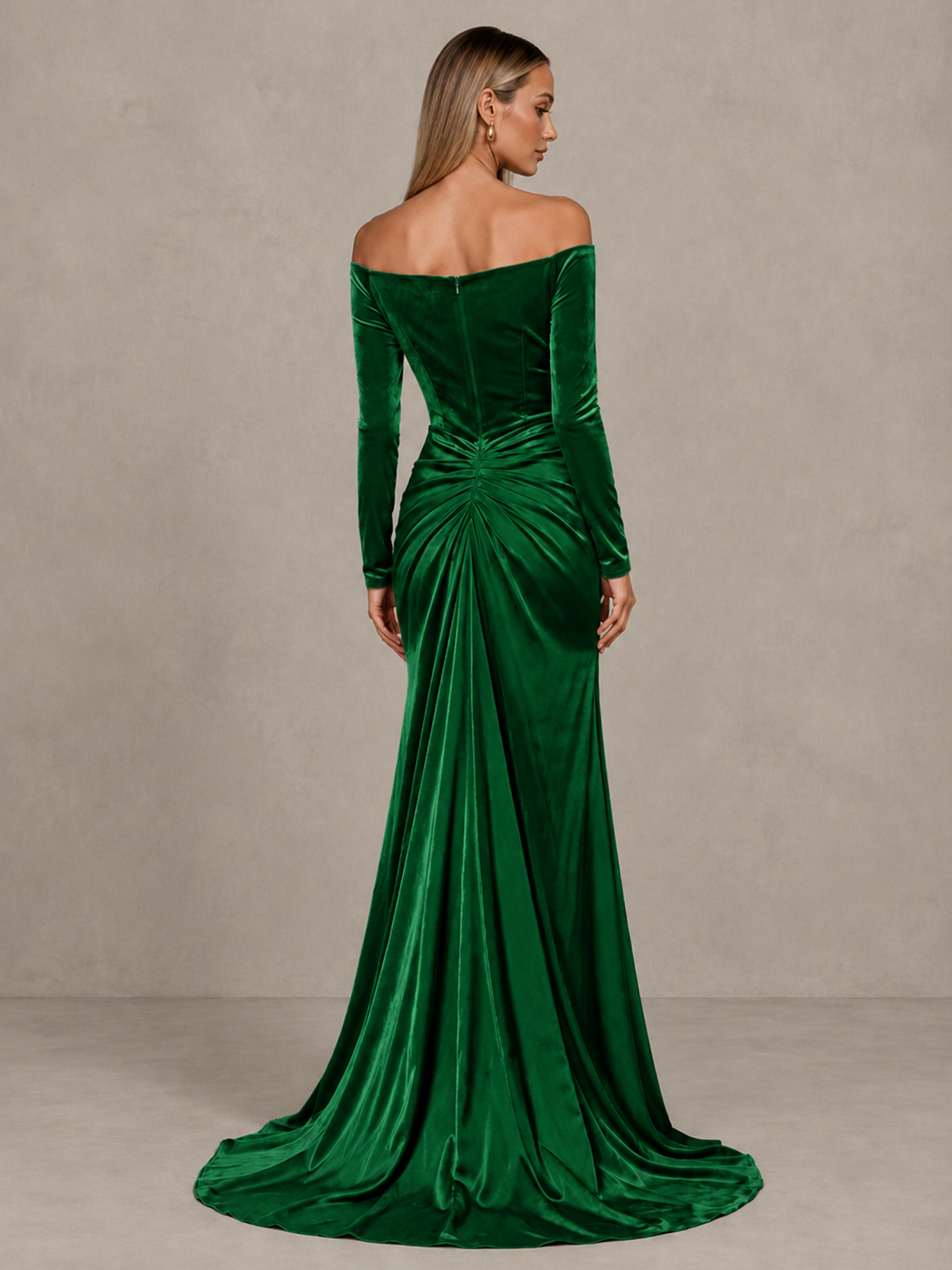 BOLODOO Green Off-Shoulder Velvet Evening Gown with High Slit - Green - Green_2