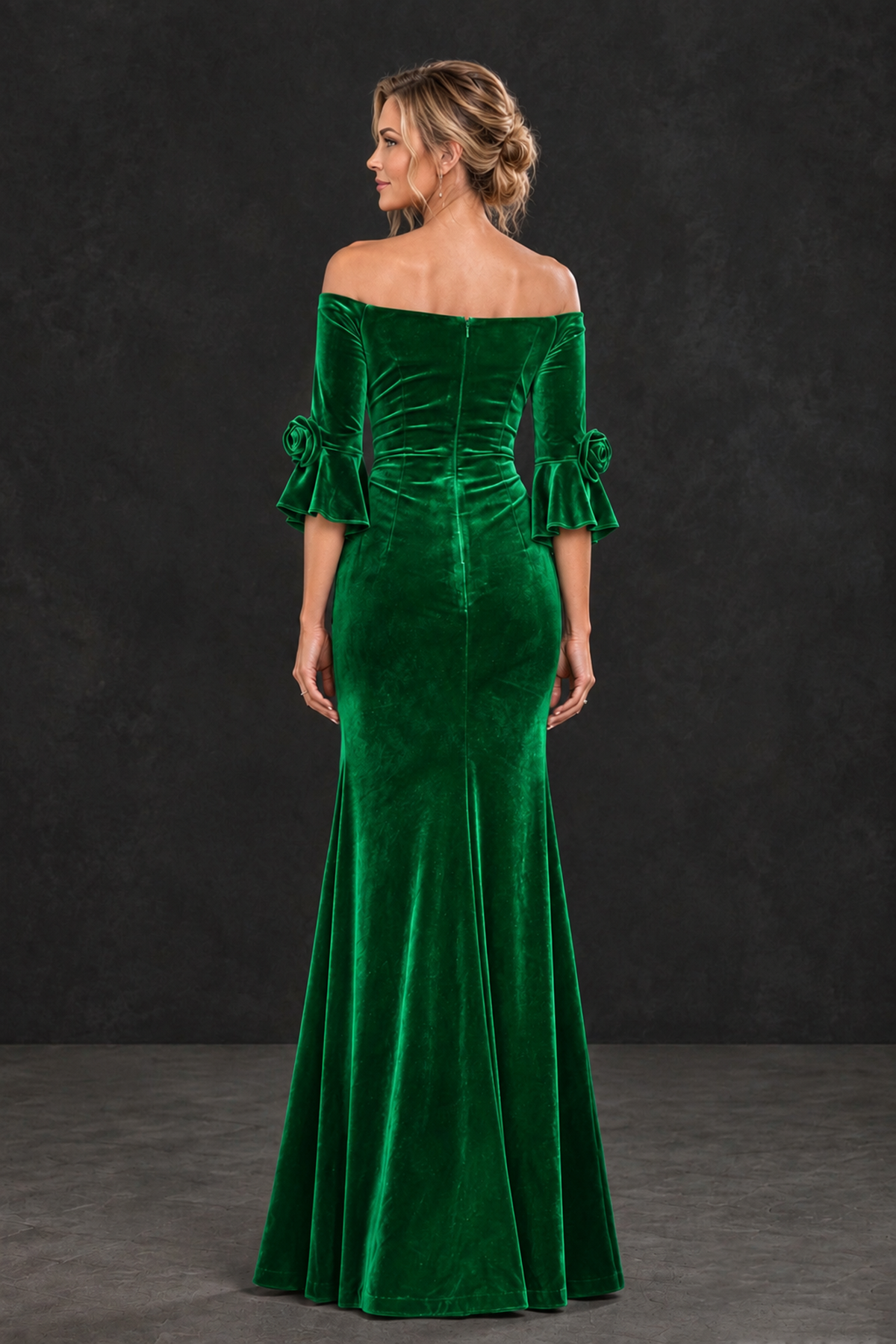BOLODOO Green Velvet Off-Shoulder Mother of the Bride Dress – 3/4 Floral Cuff Sleeve Mermaid Evening Gown - Green - Green_2