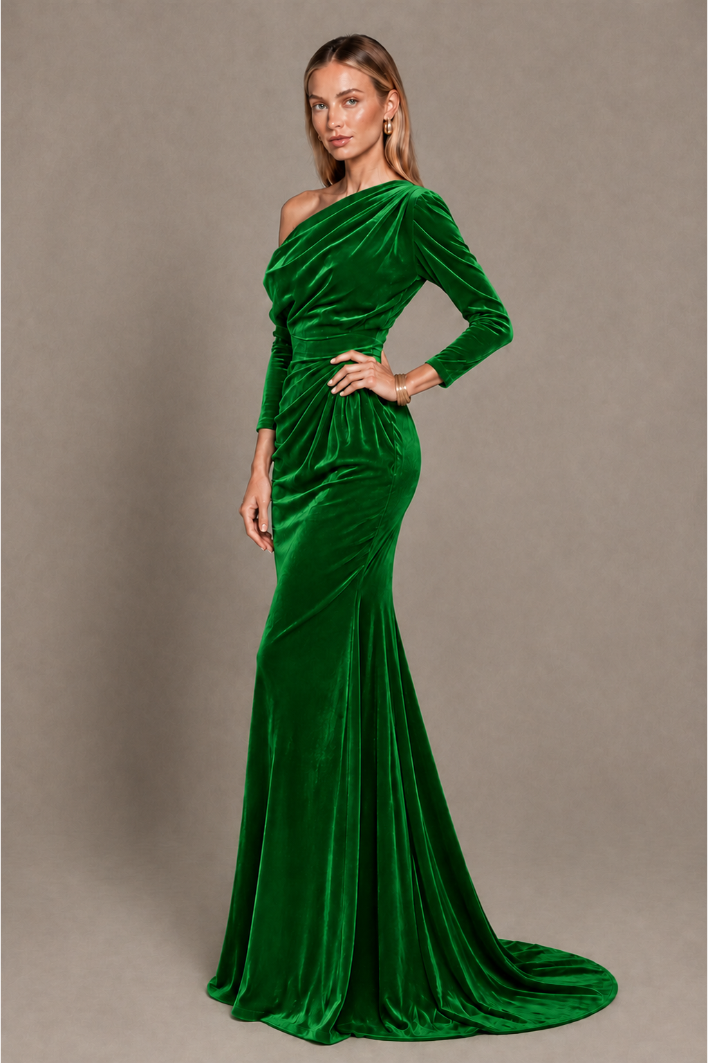 BOLODOO Green Velvet Asymmetric Neck Mermaid Evening Dress - Green - Green_2