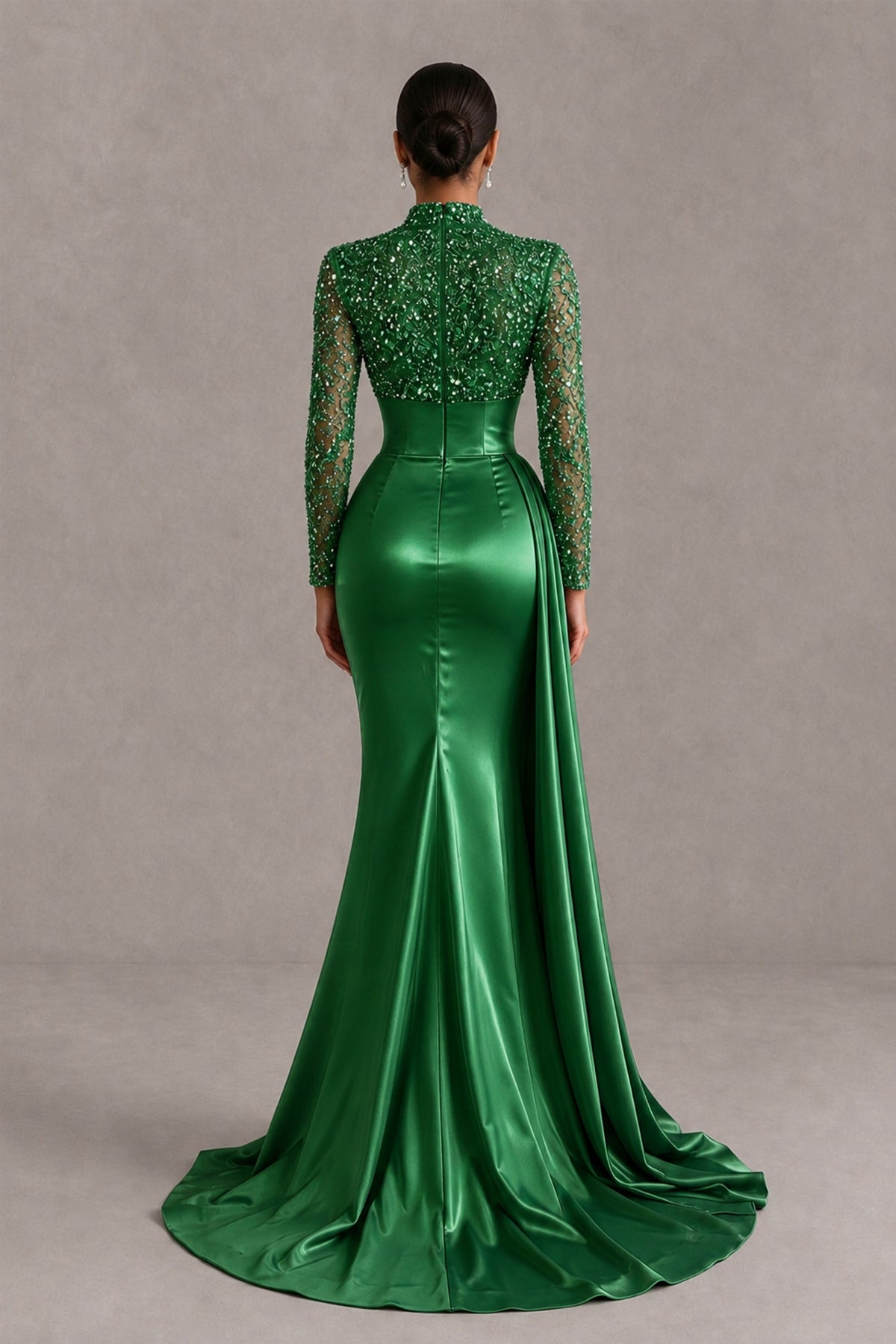 BOLODOO Green Long Sleeve Embellished Satin Mermaid Evening Gown - Green - Green_2