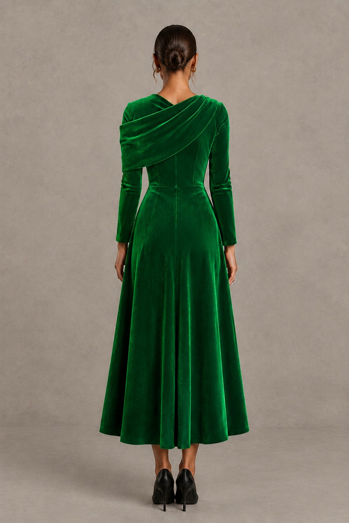 BOLODOO Green Velvet-Look Long Sleeve Tea-Length A-Line Dress with Draped Neckline - Green - Green_2