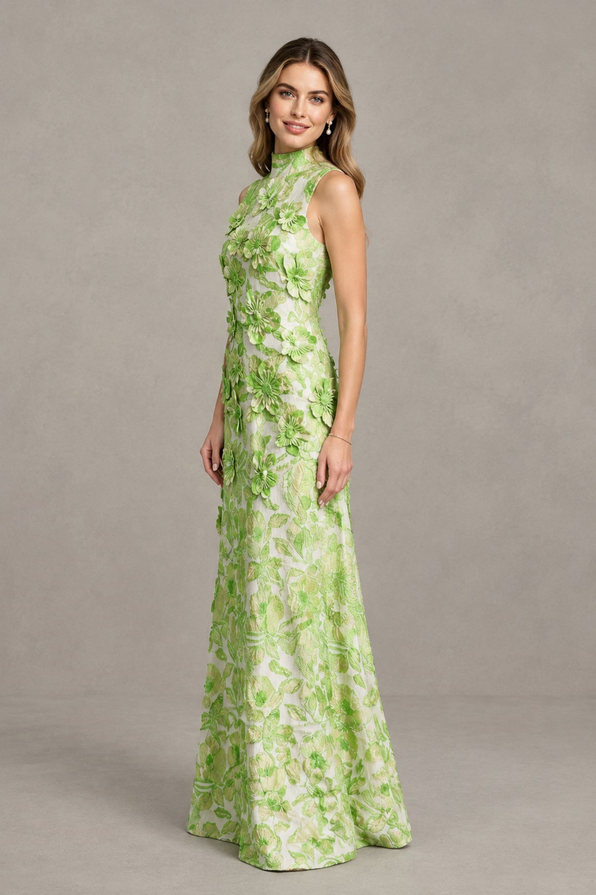 BOLODOO Green High Neck Sleeveless 3D Floral Evening Gown - Green