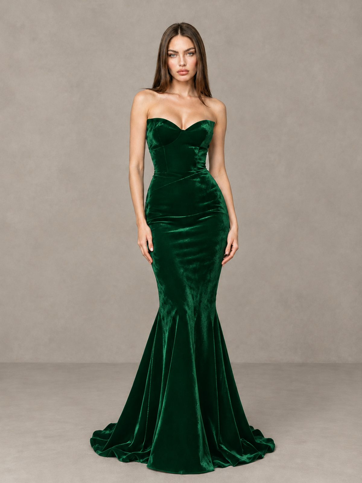 BOLODOO Green Strapless Sweetheart Velvet-Look Mermaid Evening Dress - Green - Green_3