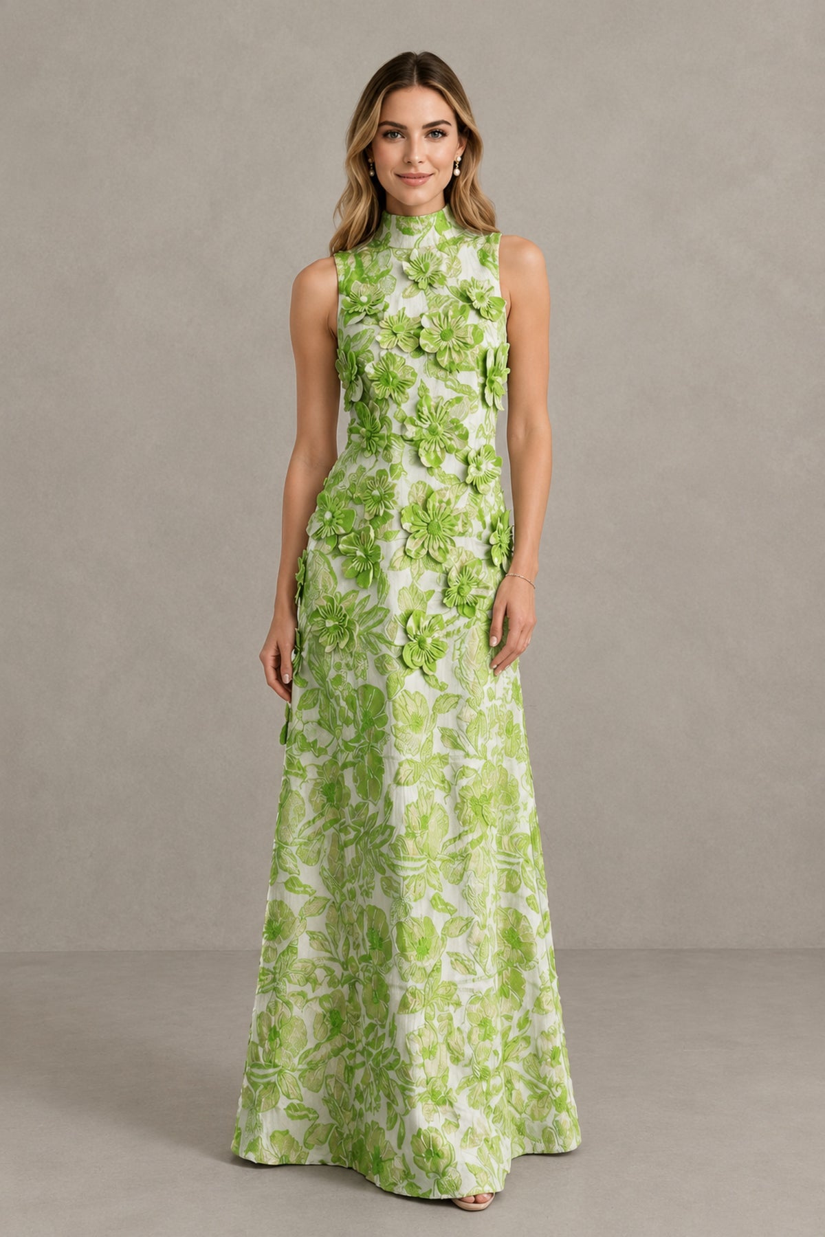 BOLODOO Green High Neck Sleeveless 3D Floral Evening Gown - Green