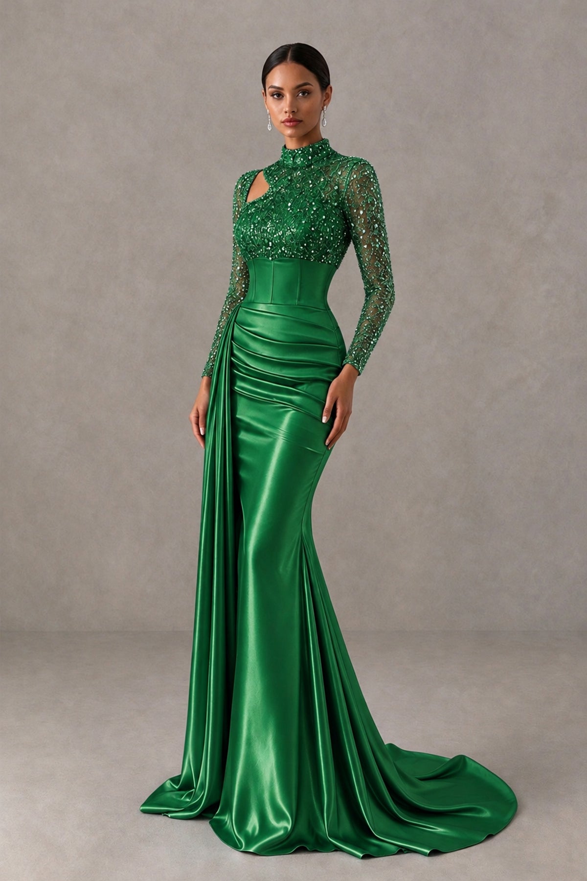 BOLODOO Green Long Sleeve Embellished Satin Mermaid Evening Gown - Green - Green_3