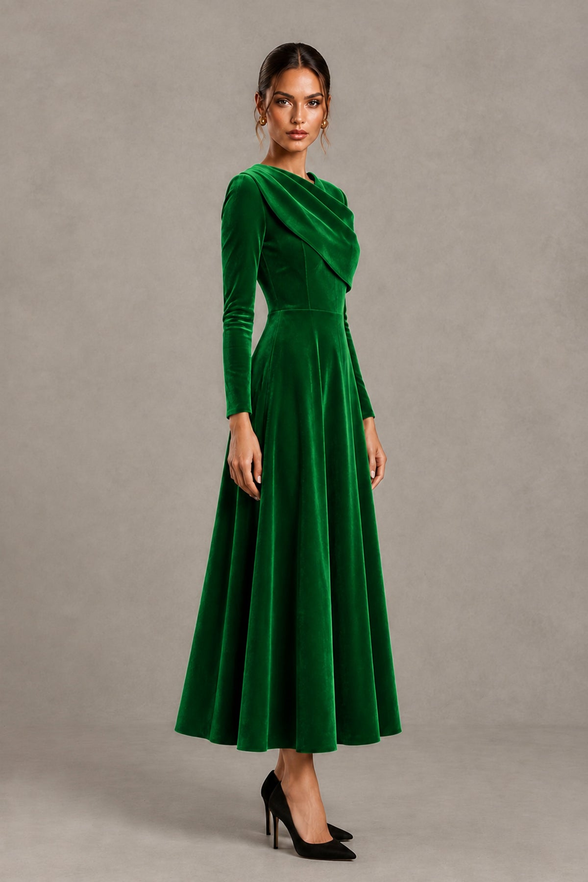 BOLODOO Green Velvet-Look Long Sleeve Tea-Length A-Line Dress with Draped Neckline - Green - Green_3
