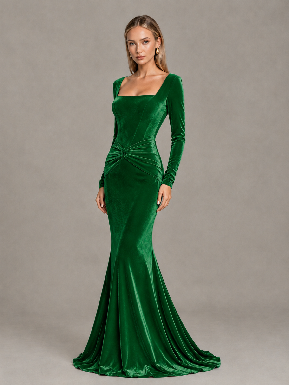 BOLODOO Green Velvet-Look Square Neck Long Sleeve Mermaid Evening Dress - Green - Green_3