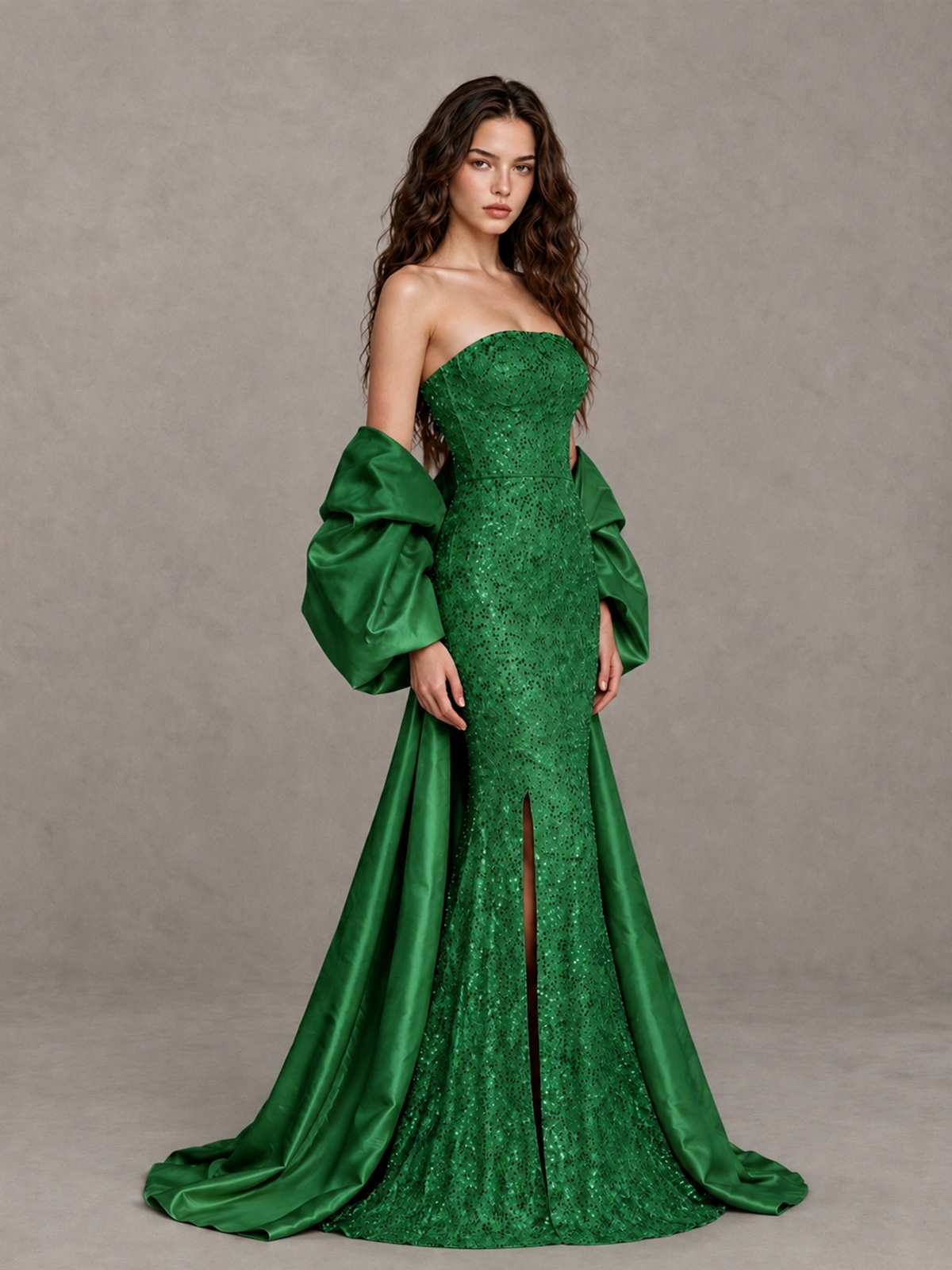 BOLODOO Green Strapless Sparkle Mermaid Prom Dress with Front Slit and Draped Sleeves - Green - Green_3