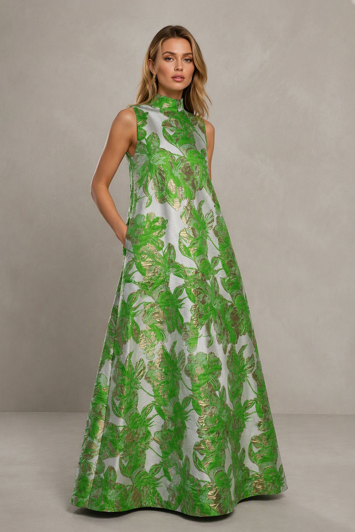 BOLODOO Green Jacquard High Neck Sleeveless A-Line Maxi Dress – Wedding Guest & Formal Evening Gown - Green