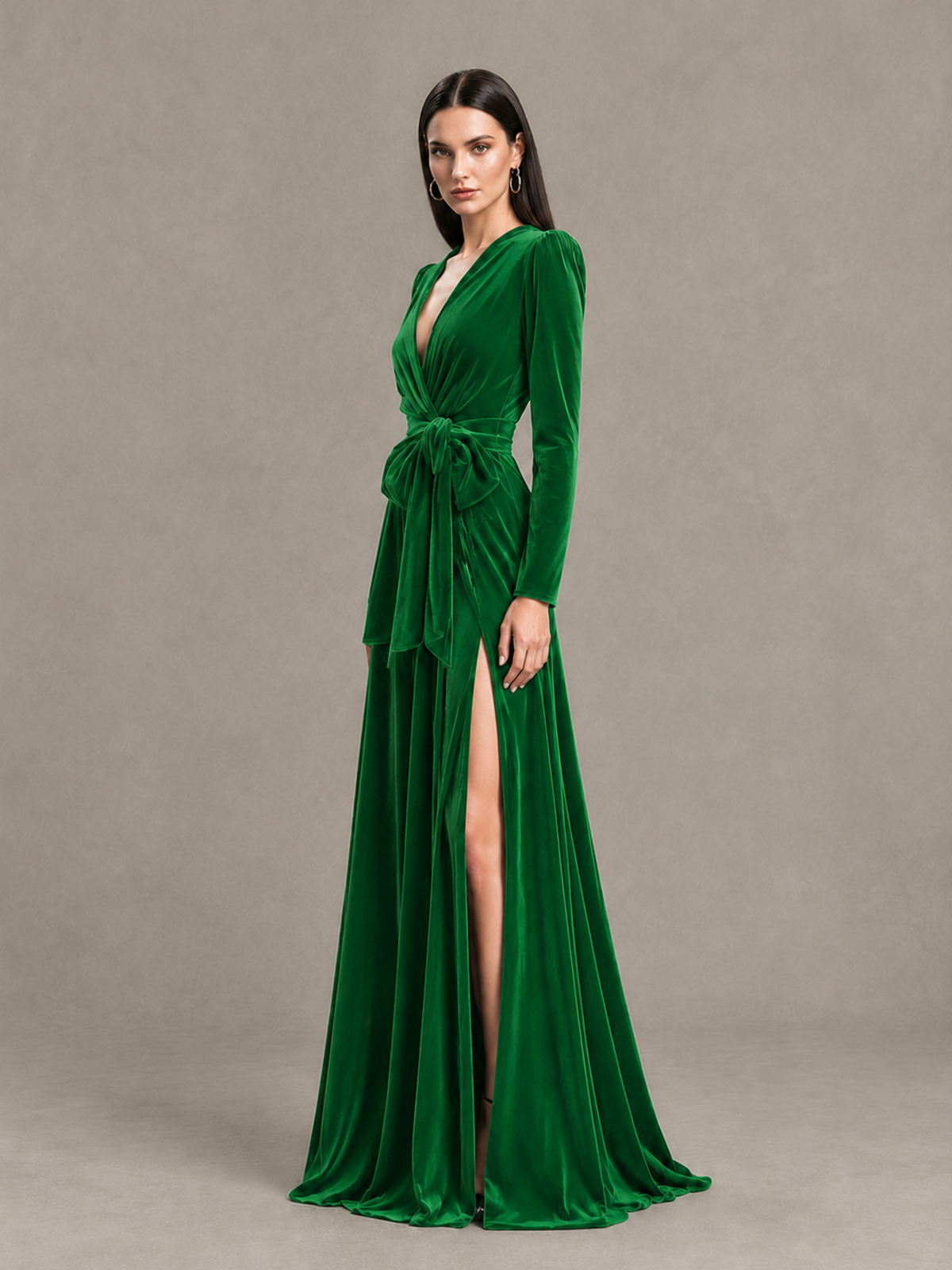 BOLODOO Green Long Sleeve Velvet-Look Evening Dress with High Slit - Green - Green_3