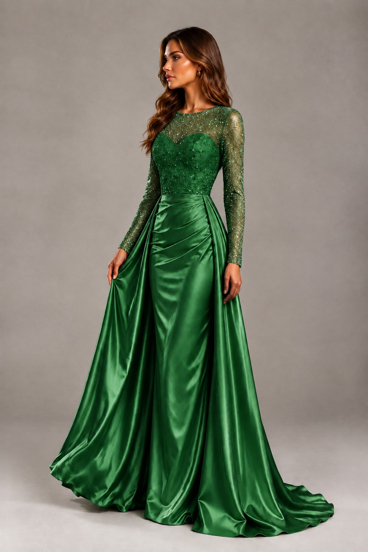 BOLODOO Green Long Sleeve Embellished Satin Evening Gown with Sweep Train - Green - Green_3