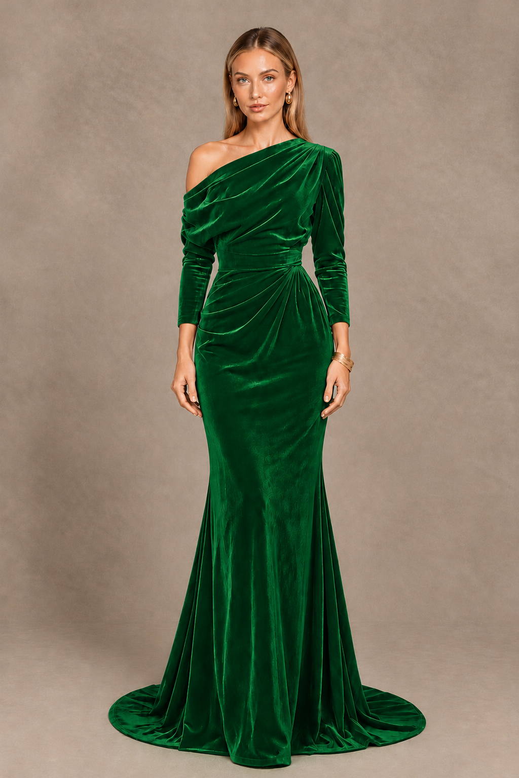 BOLODOO Green Velvet Asymmetric Neck Mermaid Evening Dress - Green - Green_3