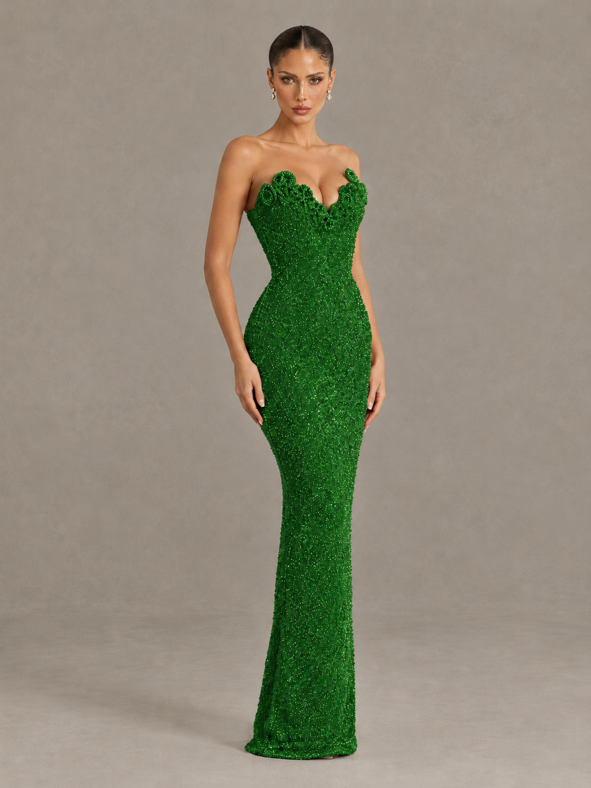 BOLODOO Green Strapless Sequin Evening Gown with Floral Neckline - Green - Green_3