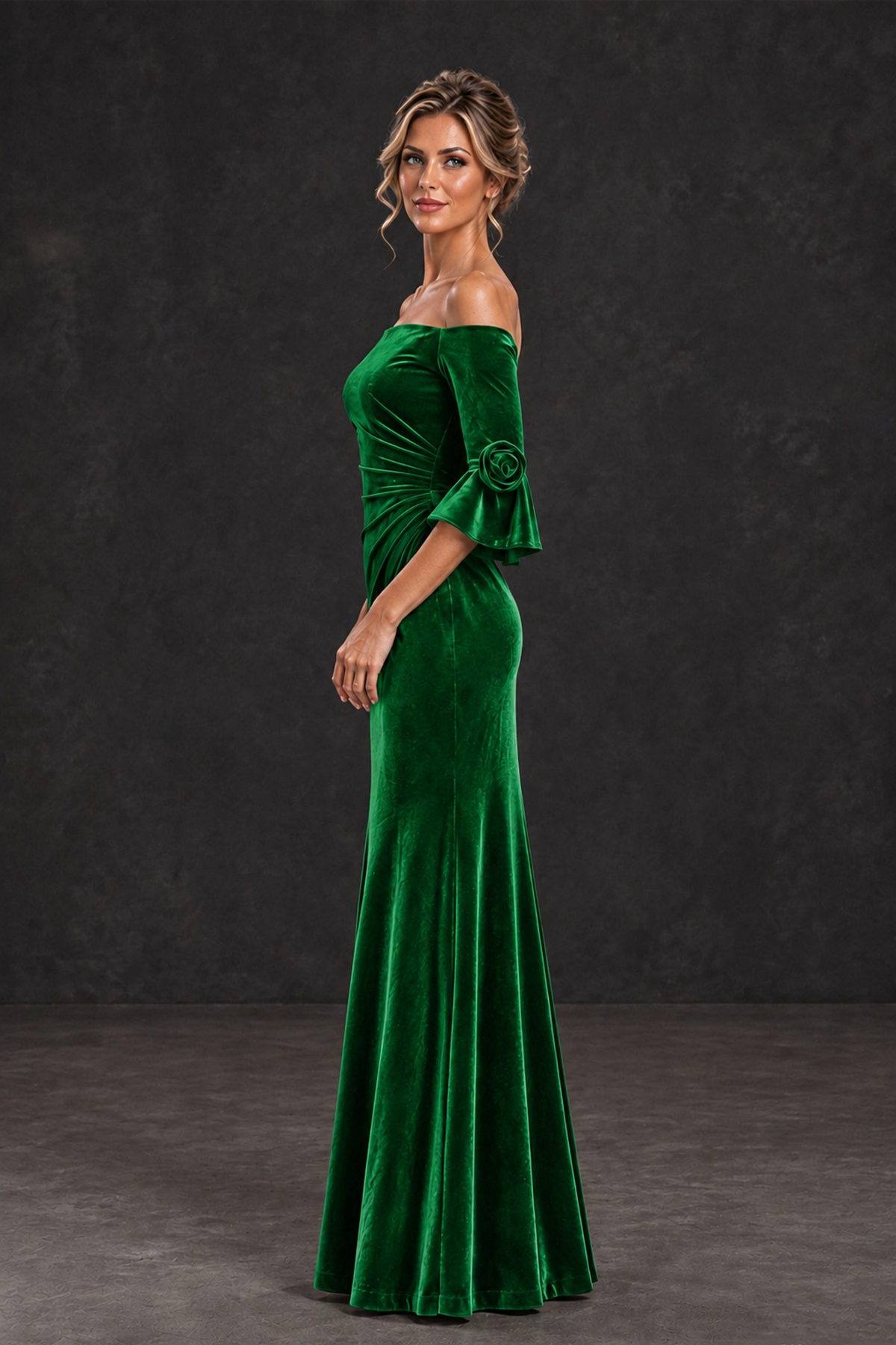 BOLODOO Green Velvet Off-Shoulder Mother of the Bride Dress – 3/4 Floral Cuff Sleeve Mermaid Evening Gown - Green - Green_3