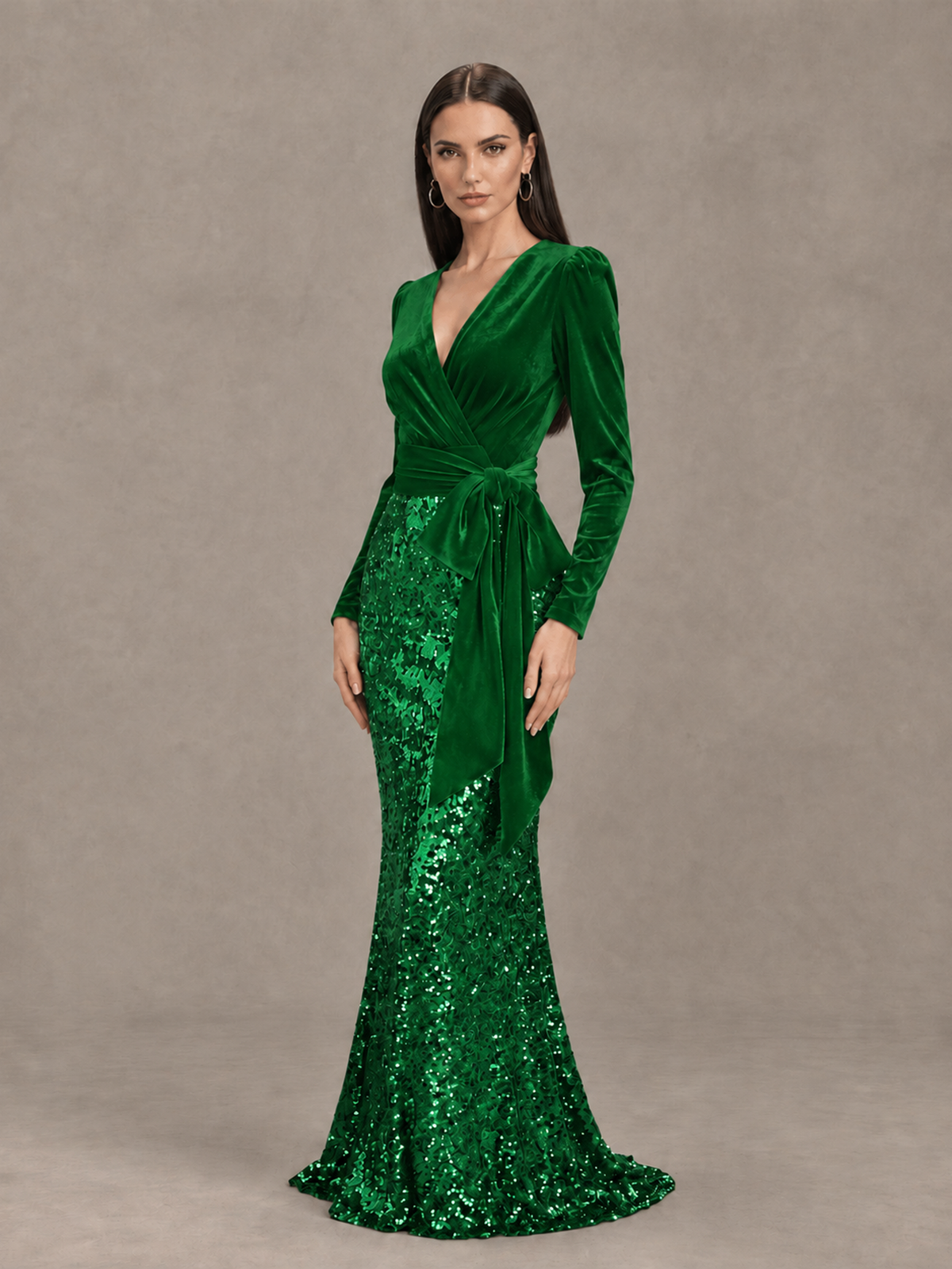 BOLODOO Green Velvet & Sequin Long Sleeve V-Neck Mermaid Evening Gown - Green - Green_3