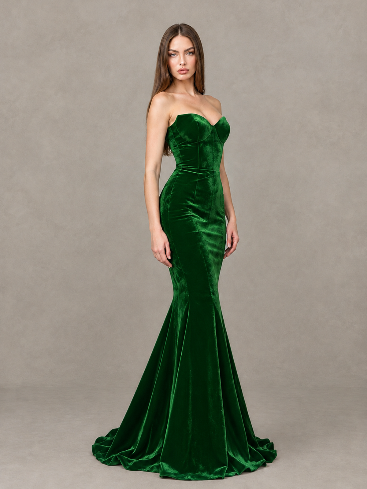 BOLODOO Green Strapless Sweetheart Velvet-Look Mermaid Evening Dress - Green - Green_4