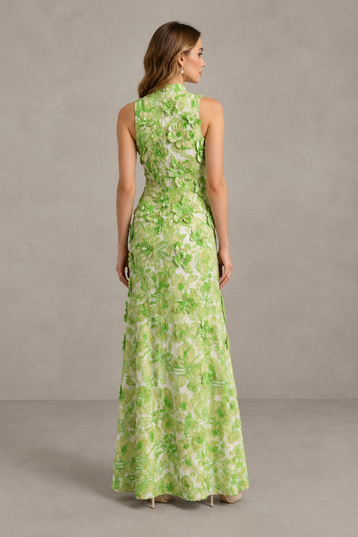 BOLODOO Green High Neck Sleeveless 3D Floral Evening Gown - Green