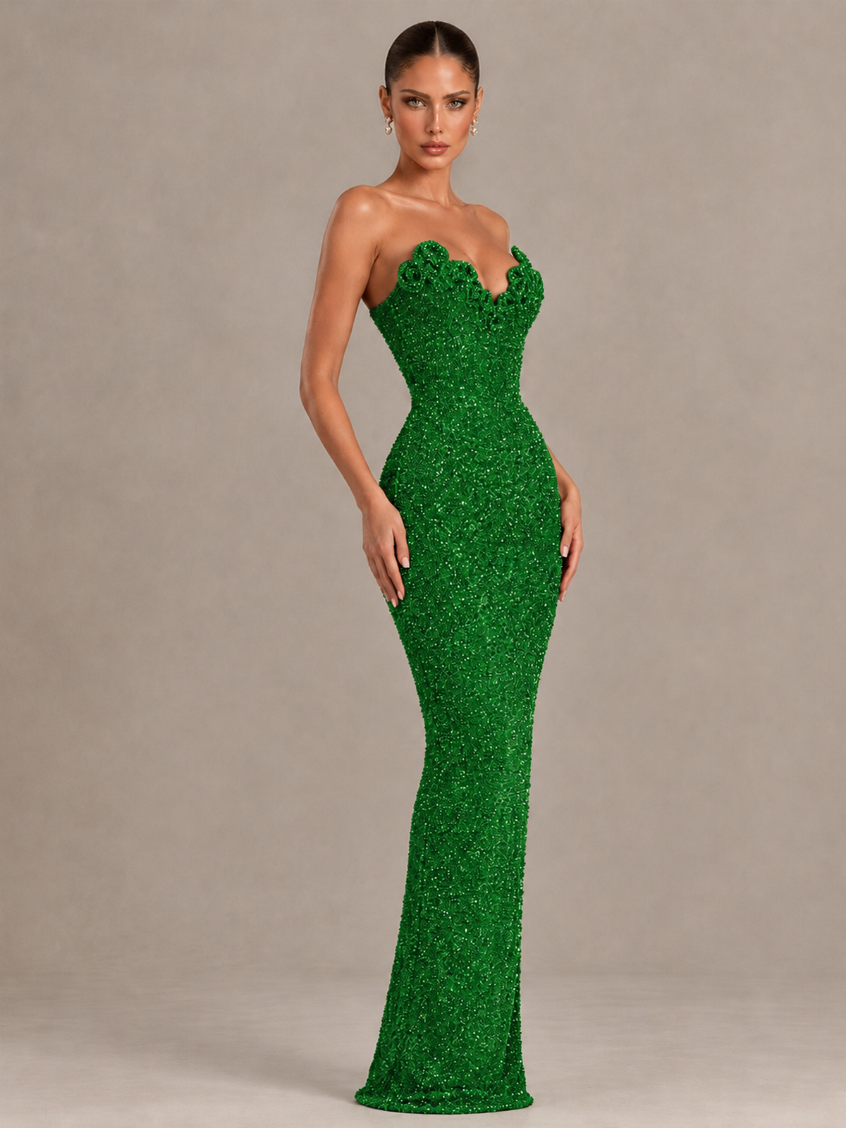 BOLODOO Green Strapless Sequin Evening Gown with Floral Neckline - Green - Green_4