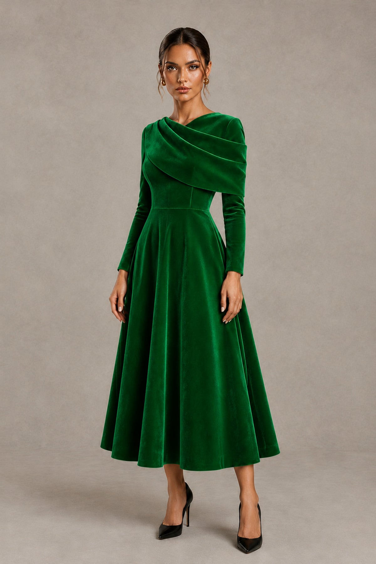 BOLODOO Green Velvet-Look Long Sleeve Tea-Length A-Line Dress with Draped Neckline - Green - Green_4