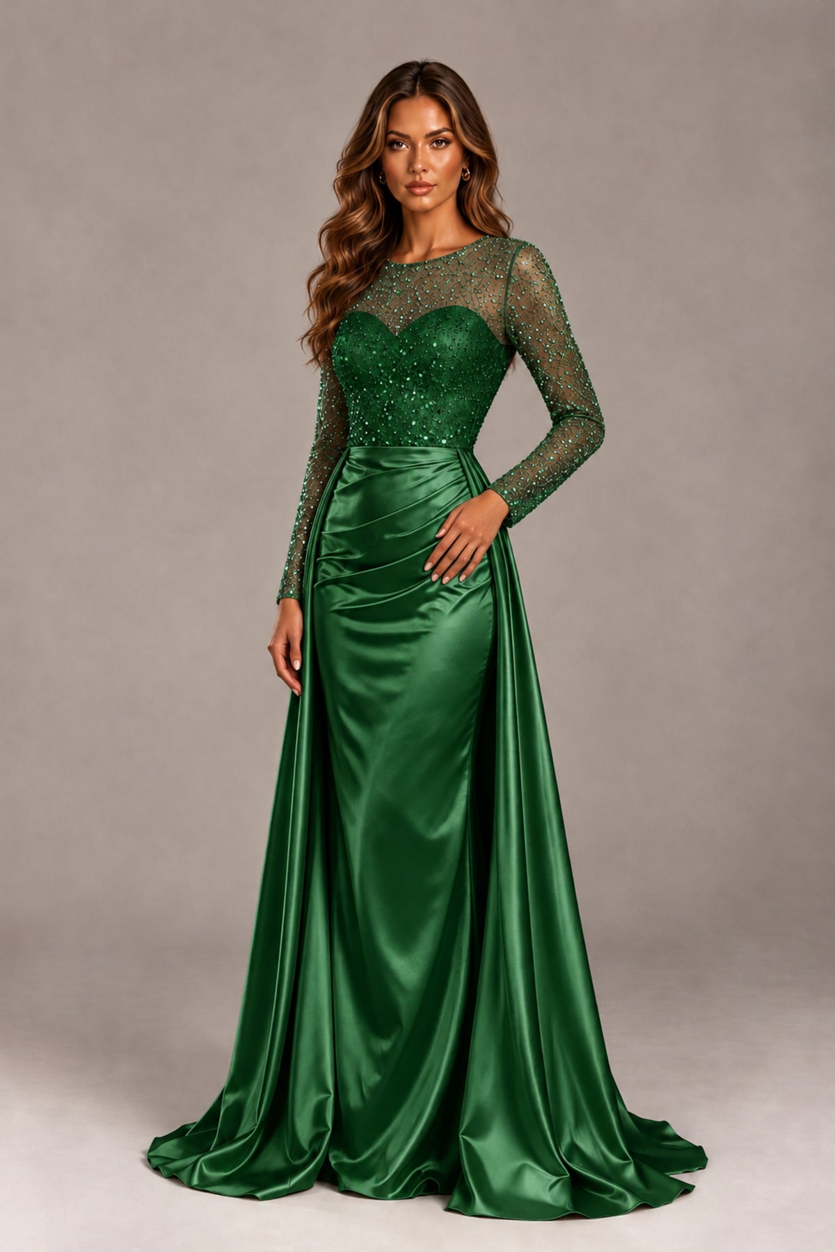 BOLODOO Green Long Sleeve Embellished Satin Evening Gown with Sweep Train - Green - Green_4