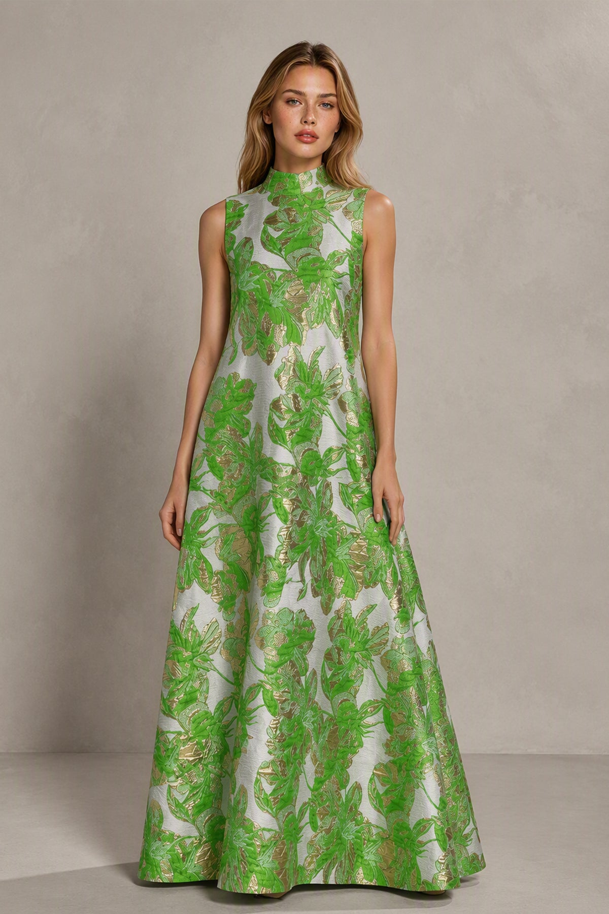 BOLODOO Green Jacquard High Neck Sleeveless A-Line Maxi Dress – Wedding Guest & Formal Evening Gown - Green