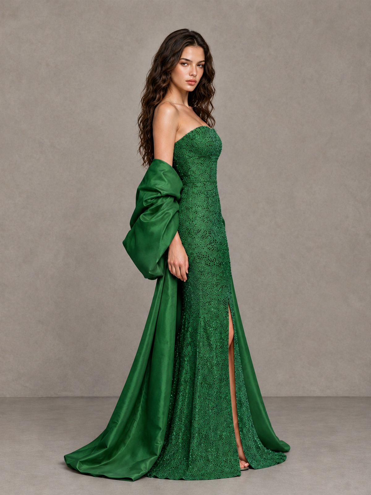 BOLODOO Green Strapless Sparkle Mermaid Prom Dress with Front Slit and Draped Sleeves - Green - Green_4