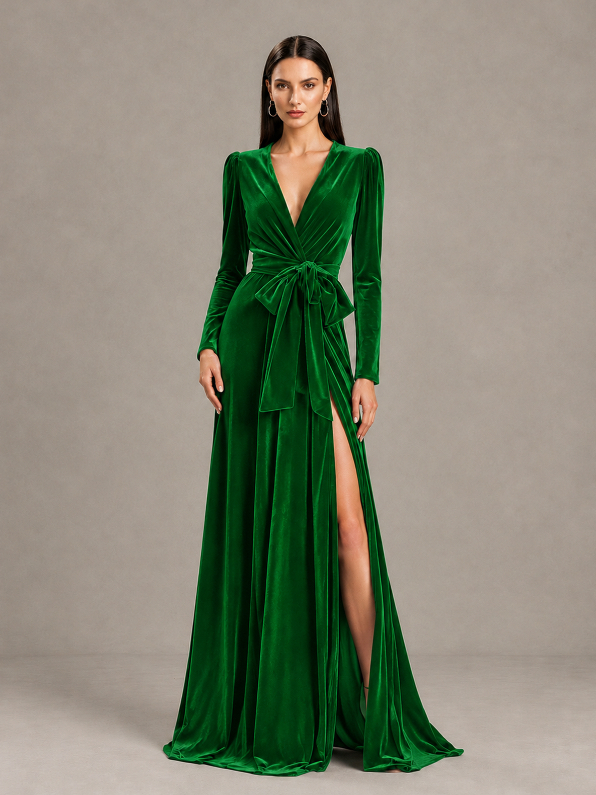 BOLODOO Green Long Sleeve Velvet-Look Evening Dress with High Slit - Green - Green_4