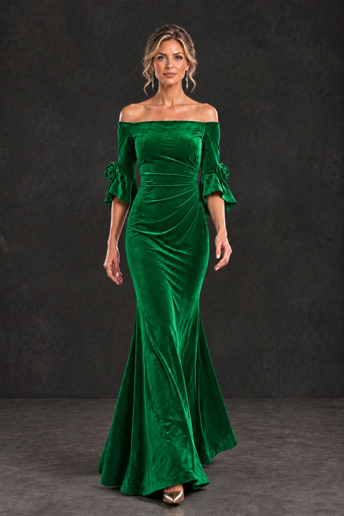 BOLODOO Green Velvet Off-Shoulder Mother of the Bride Dress – 3/4 Floral Cuff Sleeve Mermaid Evening Gown - Green - Green_4