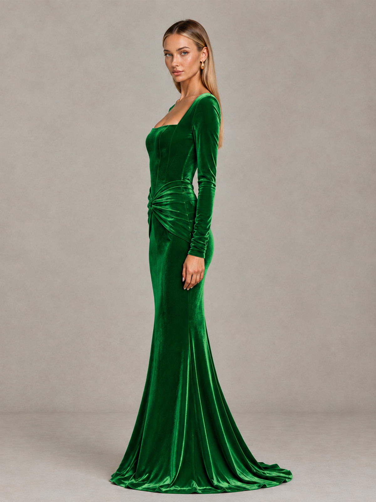 BOLODOO Green Velvet-Look Square Neck Long Sleeve Mermaid Evening Dress - Green - Green_4