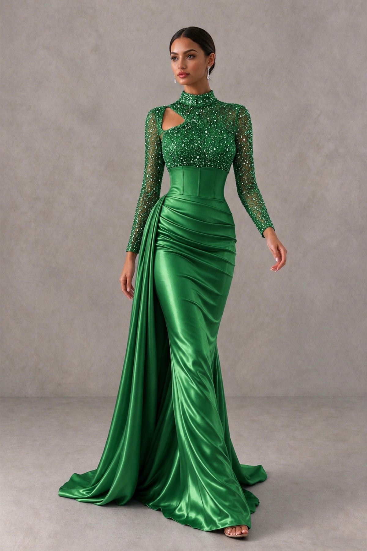 BOLODOO Green Long Sleeve Embellished Satin Mermaid Evening Gown - Green - Green_4