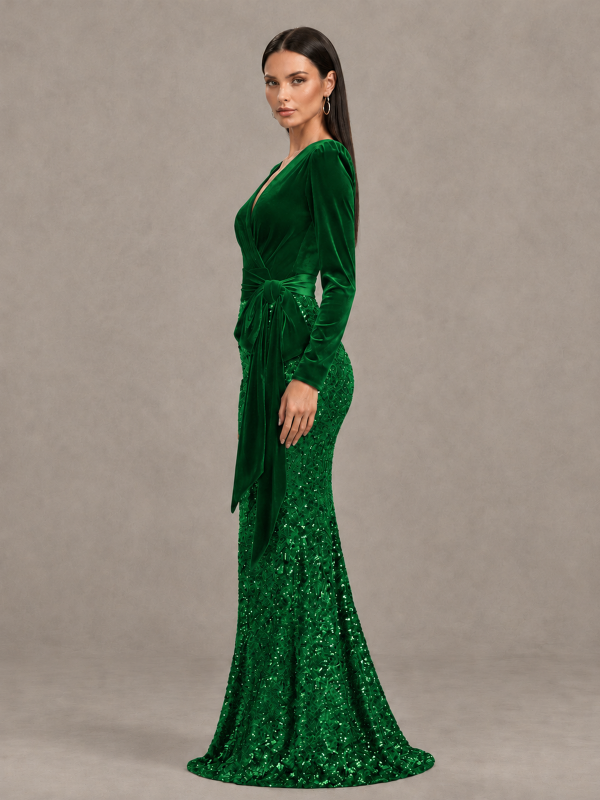 BOLODOO Green Velvet & Sequin Long Sleeve V-Neck Mermaid Evening Gown - Green - Green_4