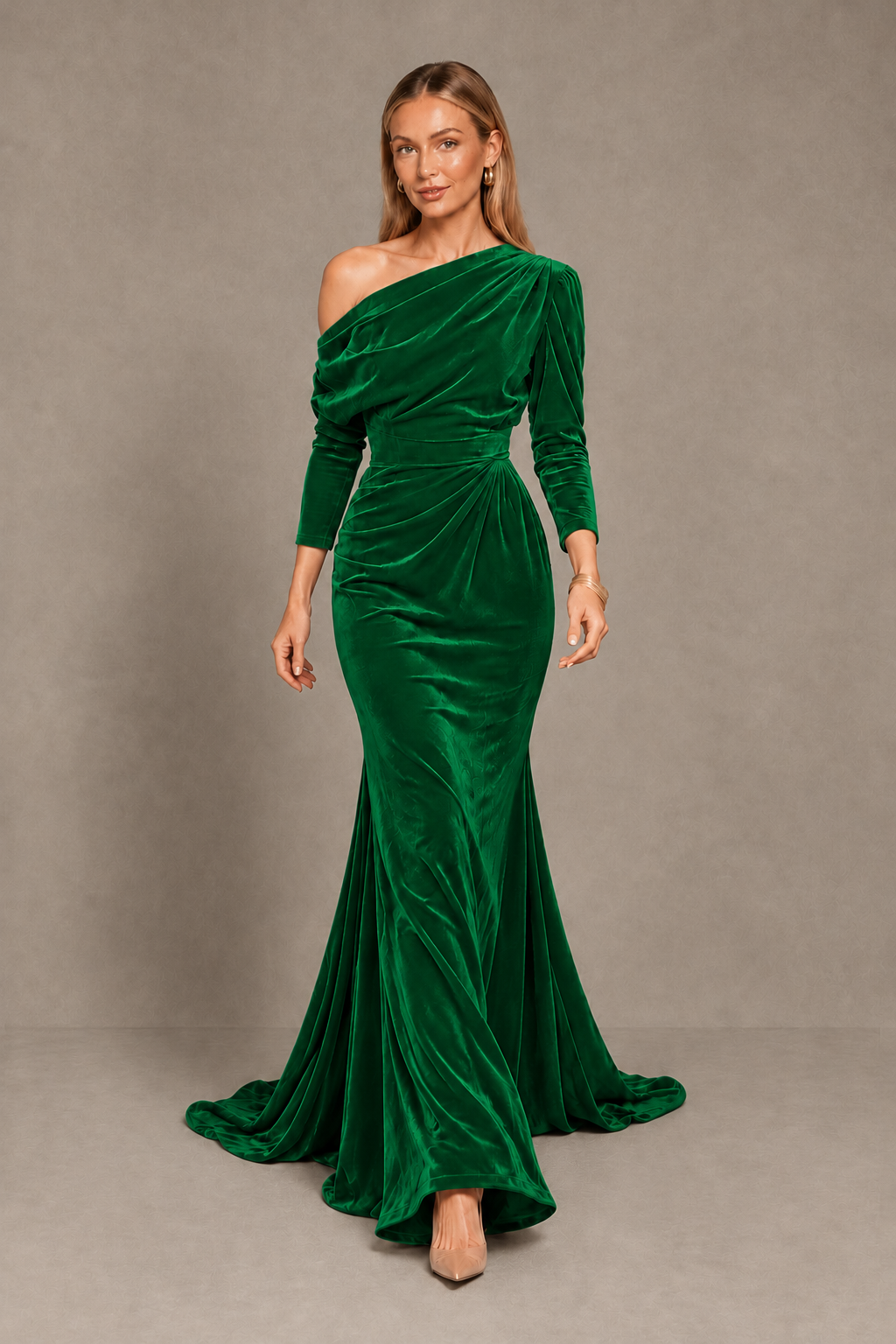 BOLODOO Green Velvet Asymmetric Neck Mermaid Evening Dress - Green - Green_5