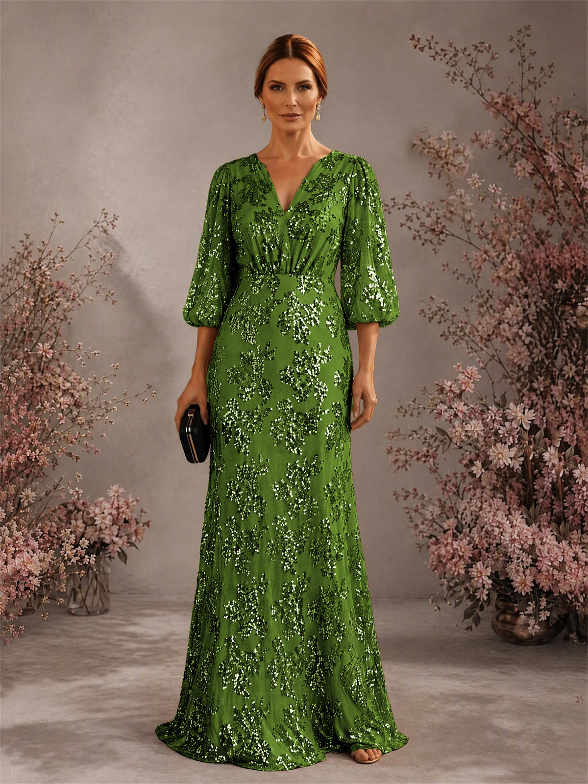 BOLODOO Green V-Neck Lantern Sleeve All-Over Sequin Floral Embroidered Mermaid Gown - Green