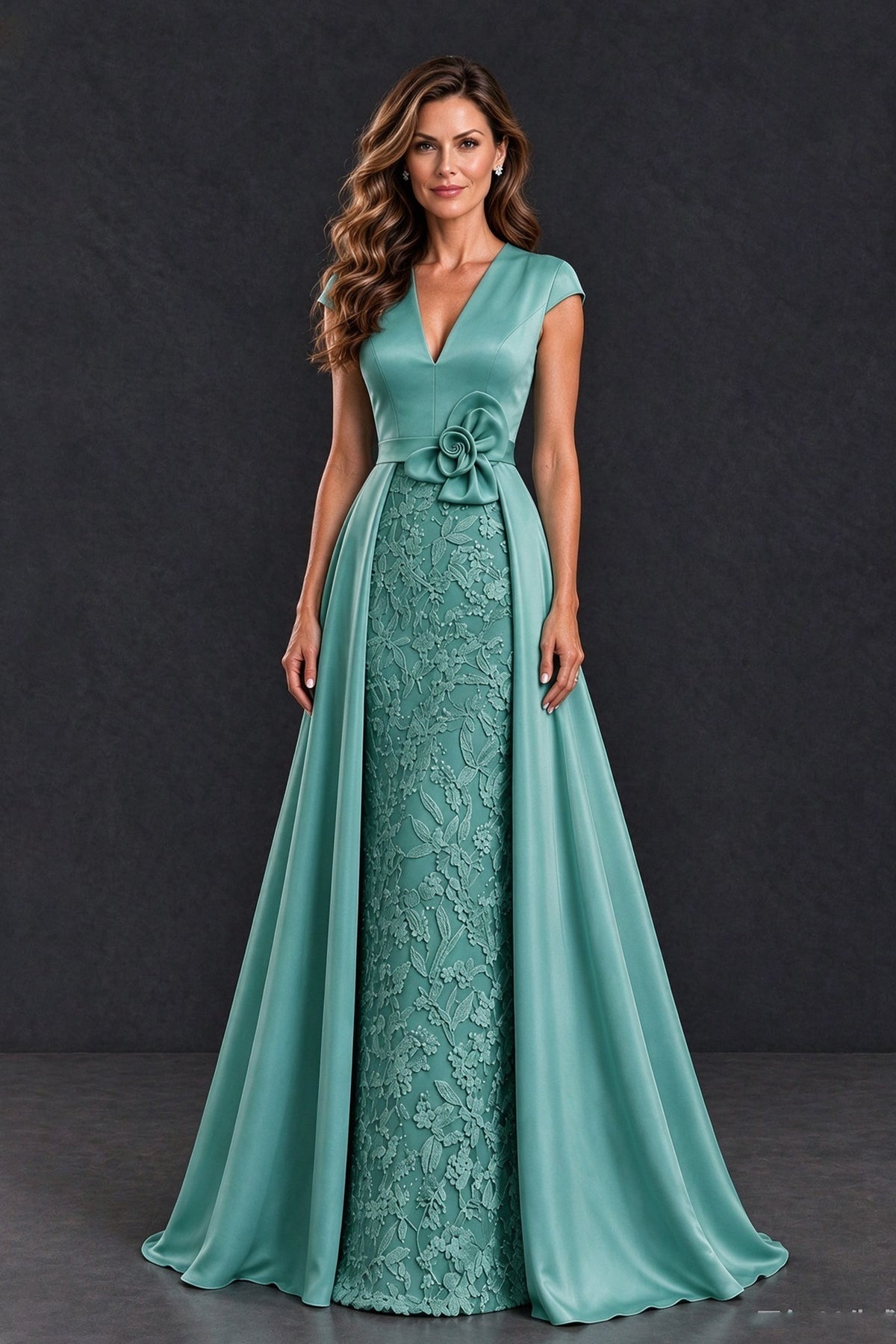 BOLODOO Green Satin and Lace V-Neck Mother of the Bride Dress - Green - Green (1)