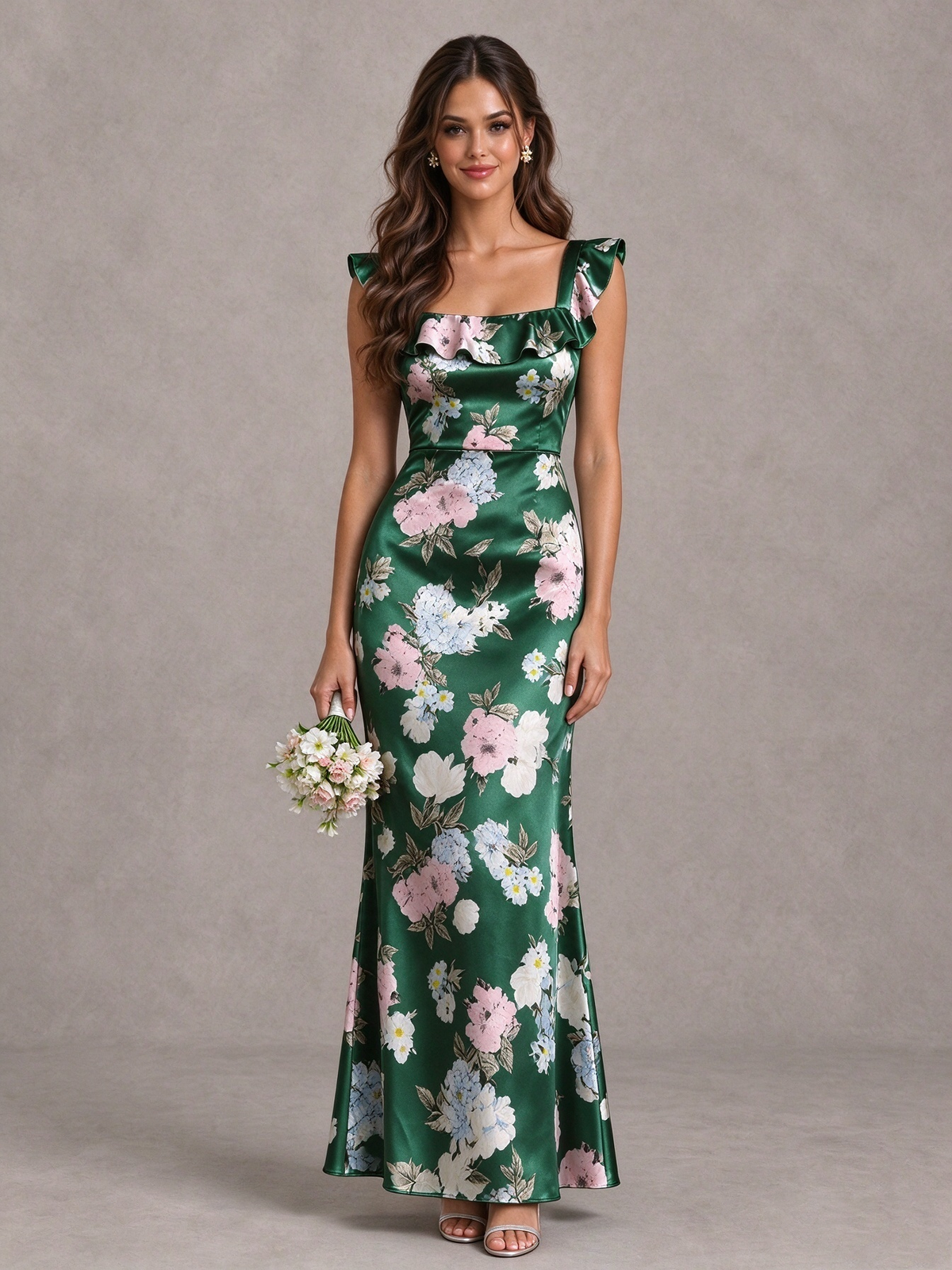 BOLODOO Green Floral Ruffle Lace-Up Bridesmaid Maxi Dress - Green - Green (1)