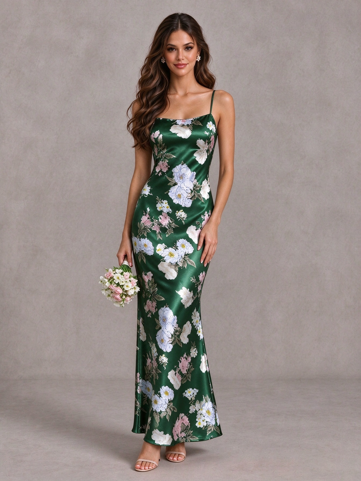 BOLODOO Green Floral Satin Bridesmaid Dress with Cowl Back - Green - Green (1)
