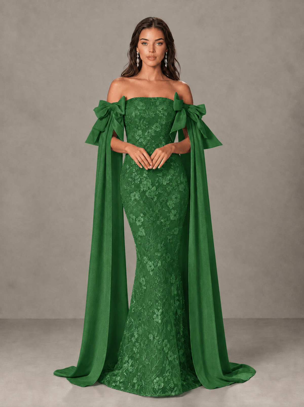BOLODOO Green Floral Lace Mermaid Prom Dress with Off-Shoulder Bows - Green - Green (1)