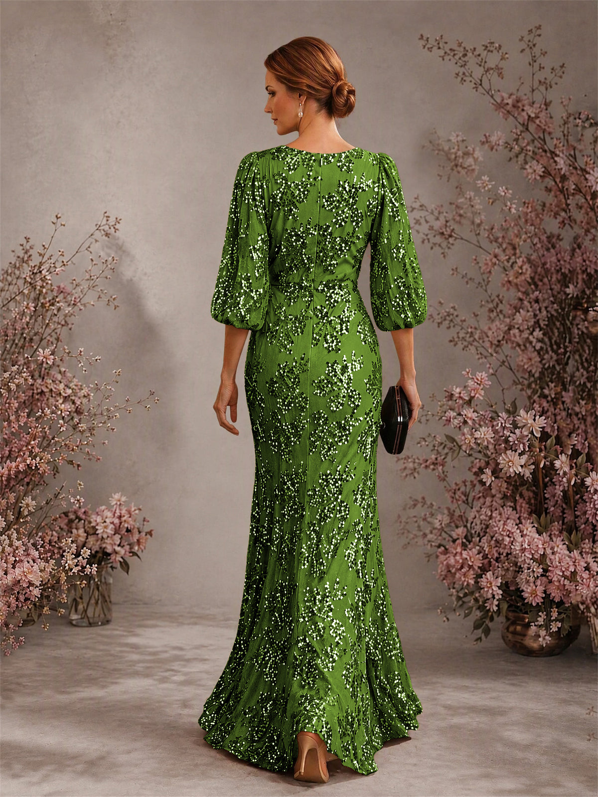 BOLODOO Green V-Neck Lantern Sleeve All-Over Sequin Floral Embroidered Mermaid Gown - Green
