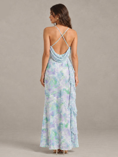 Green Floral Bridesmaid Dress with Crisscross Open Back - Green - Green (2)