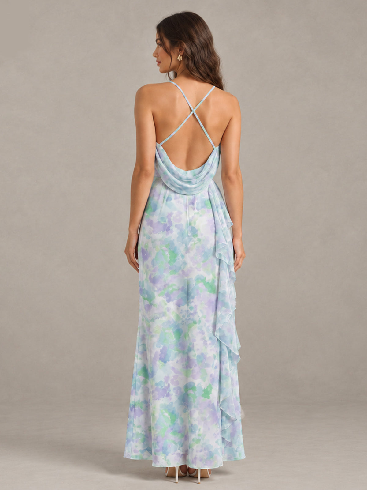 Green Floral Bridesmaid Dress with Crisscross Open Back - Green - Green (2)