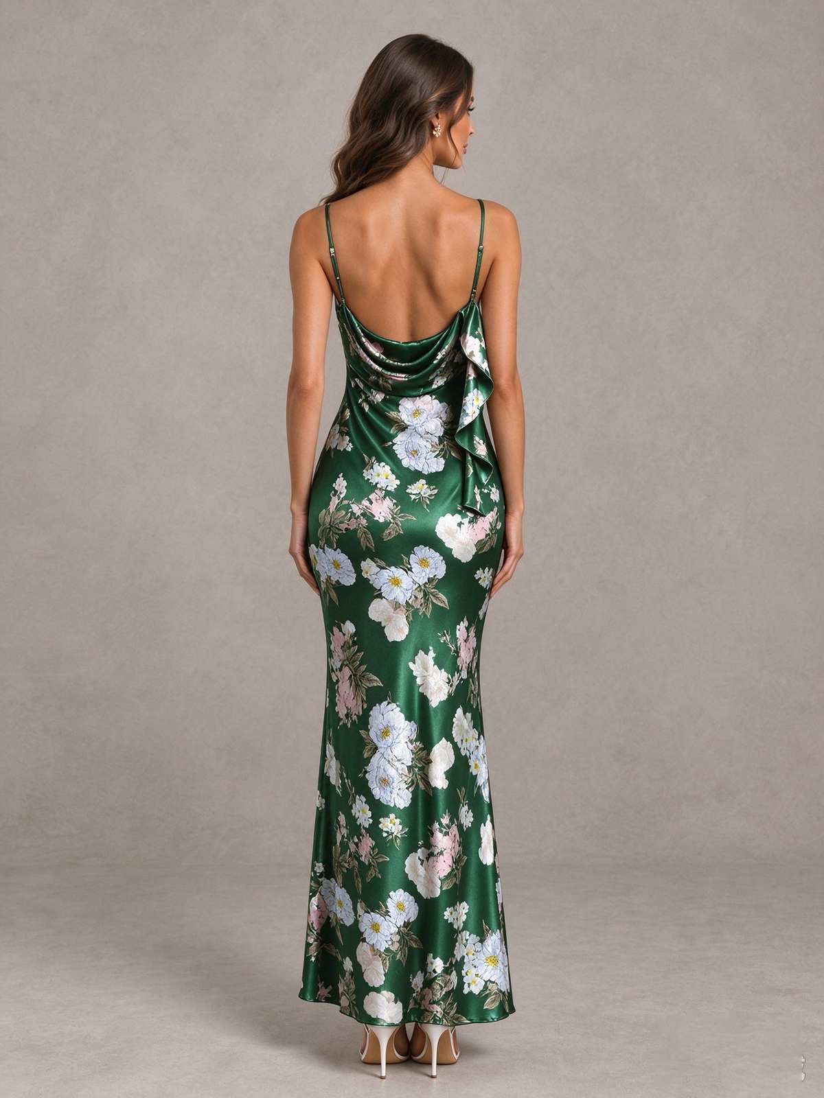 BOLODOO Green Floral Satin Bridesmaid Dress with Cowl Back - Green - Green (2)
